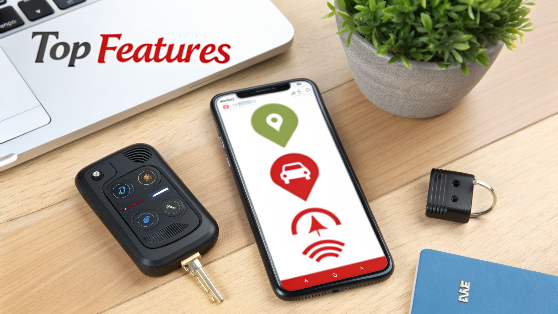 Compact car remote, smartphone displaying GPS tracking features, and small device on a wooden desk.