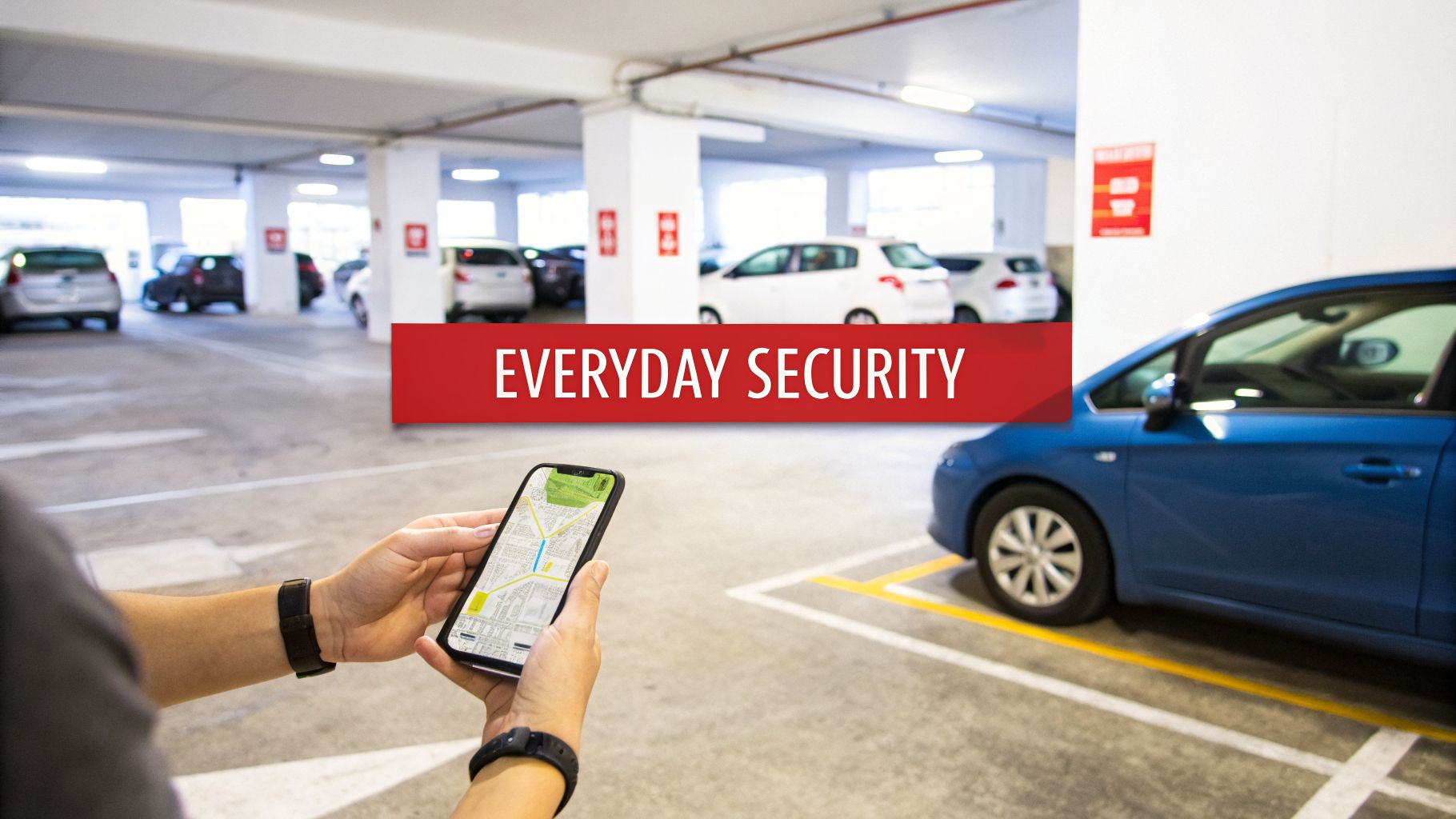 A person uses a smartphone with a map in a busy parking garage, featuring 'EVERYDAY SECURITY' text.