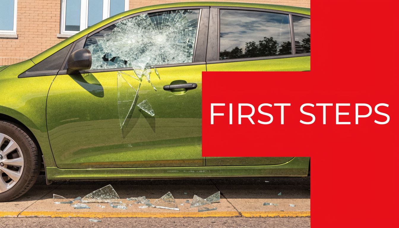 A lime green car with a shattered driver side window parked on a paved surface.
