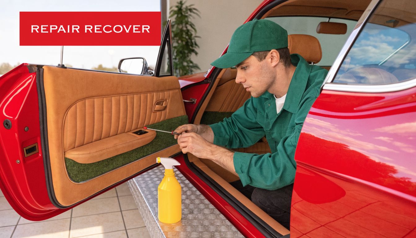 A professional mechanic in a green uniform repairs the interior door panel of a classic red car.