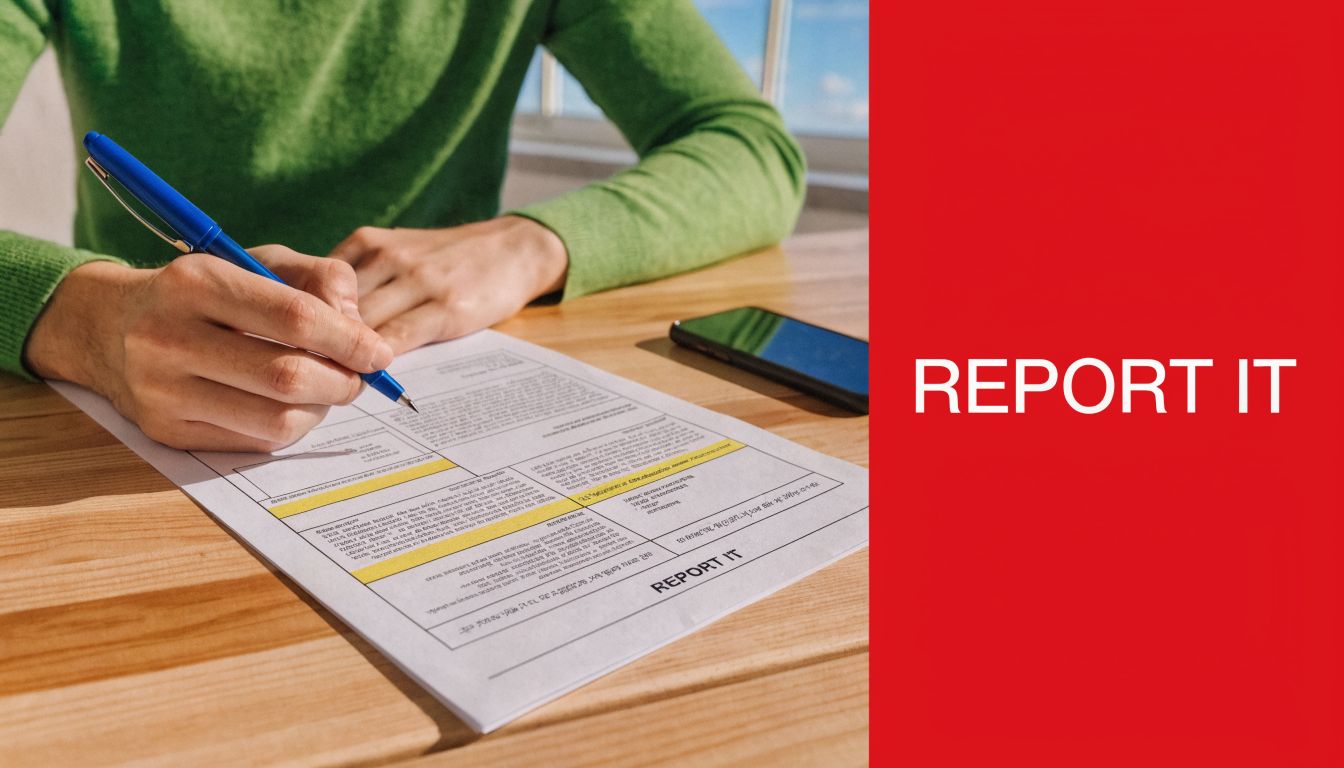 A person in a green sweater fills out a formal report form with a blue pen.
