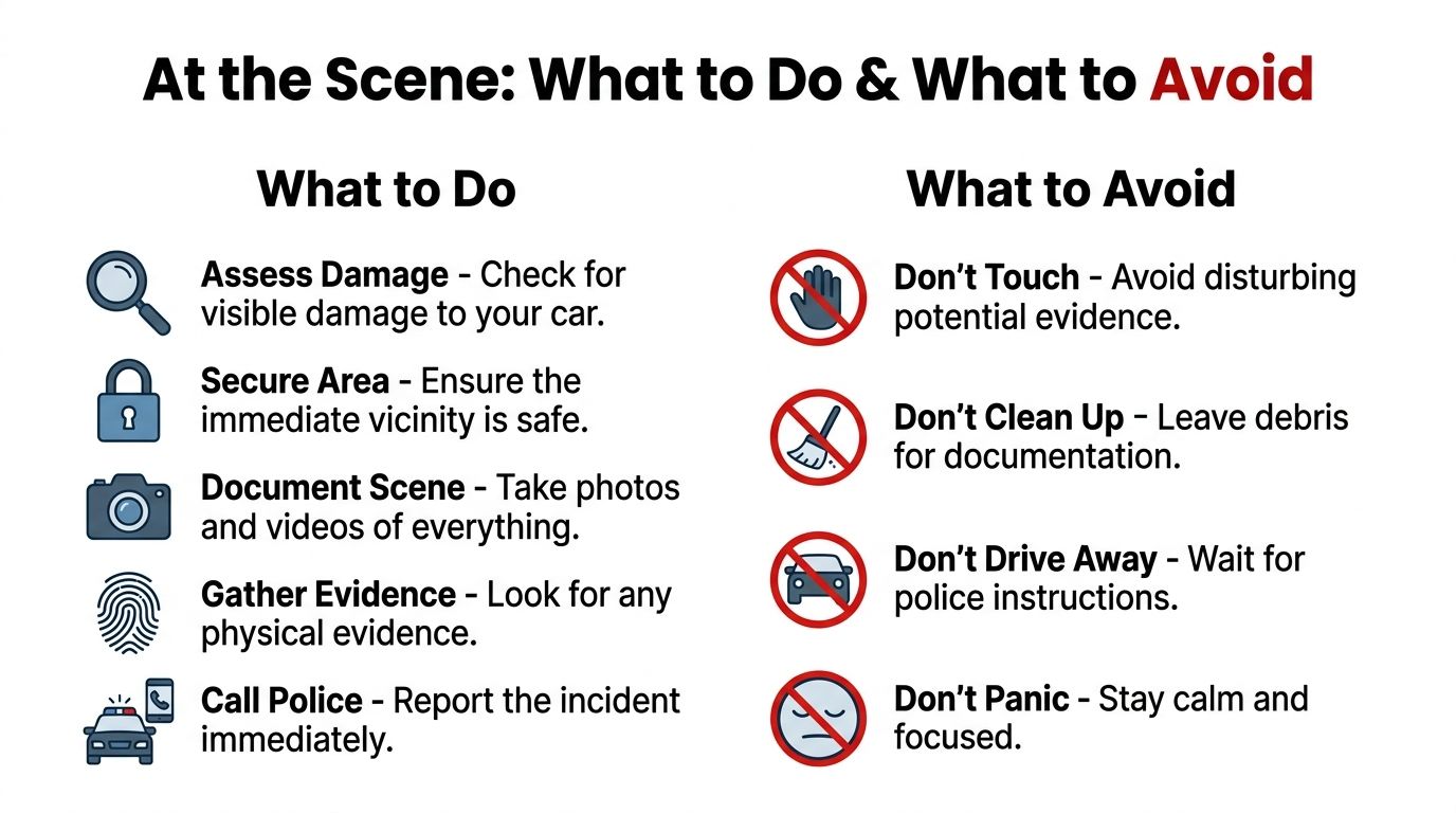 An infographic titled At the Scene, illustrating essential steps to take and actions to avoid after a car break-in.