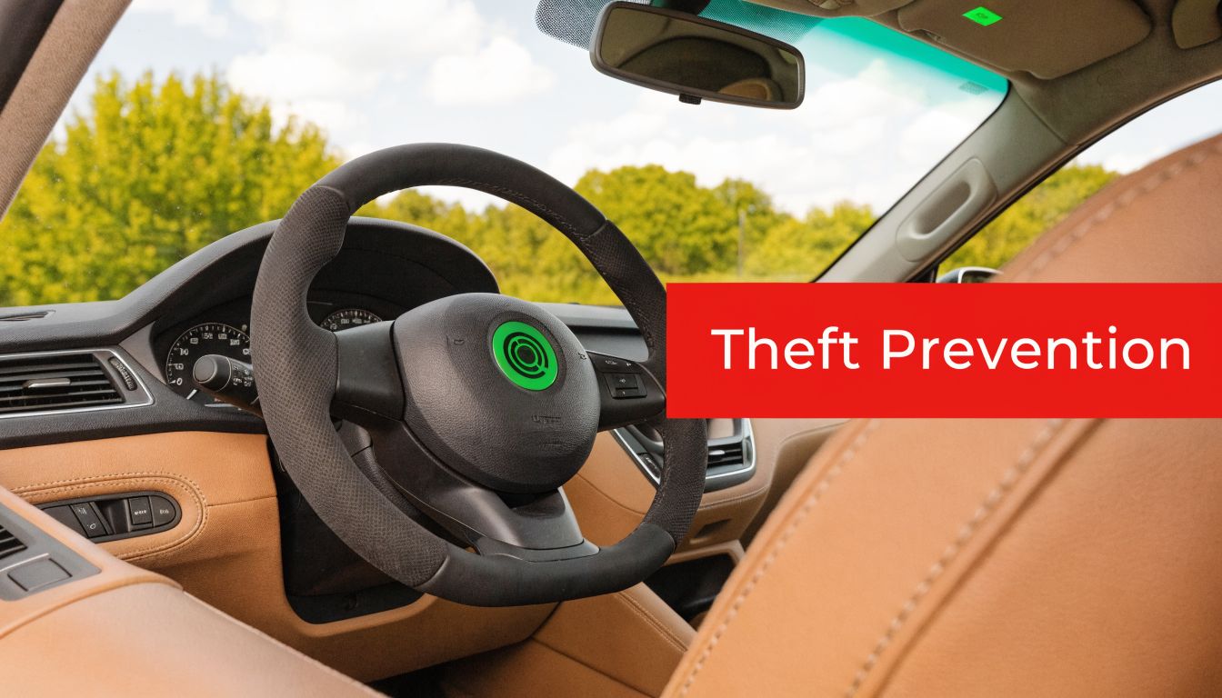 Interior view of a modern car featuring a steering wheel with a bright green center emblem.