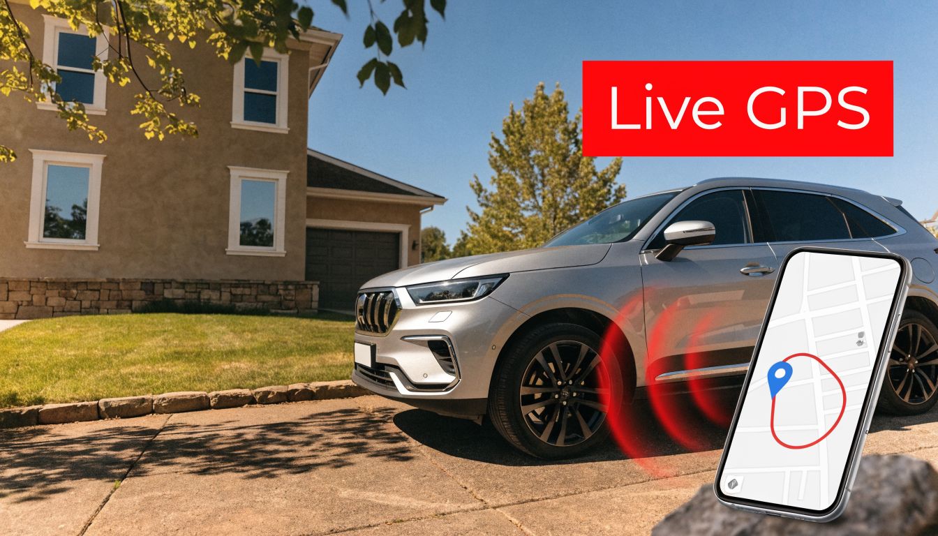 A modern silver SUV parked in a driveway next to a smartphone displaying live GPS tracking.
