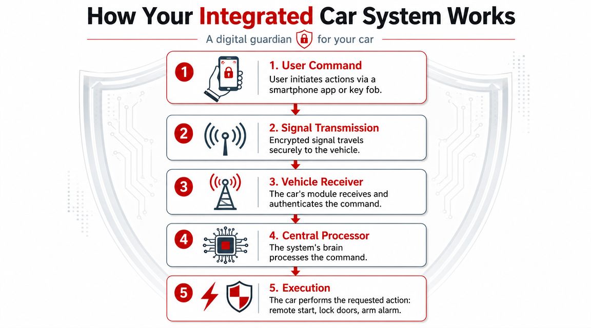 A diagram illustrating the five-step process of an integrated car security and remote start system.