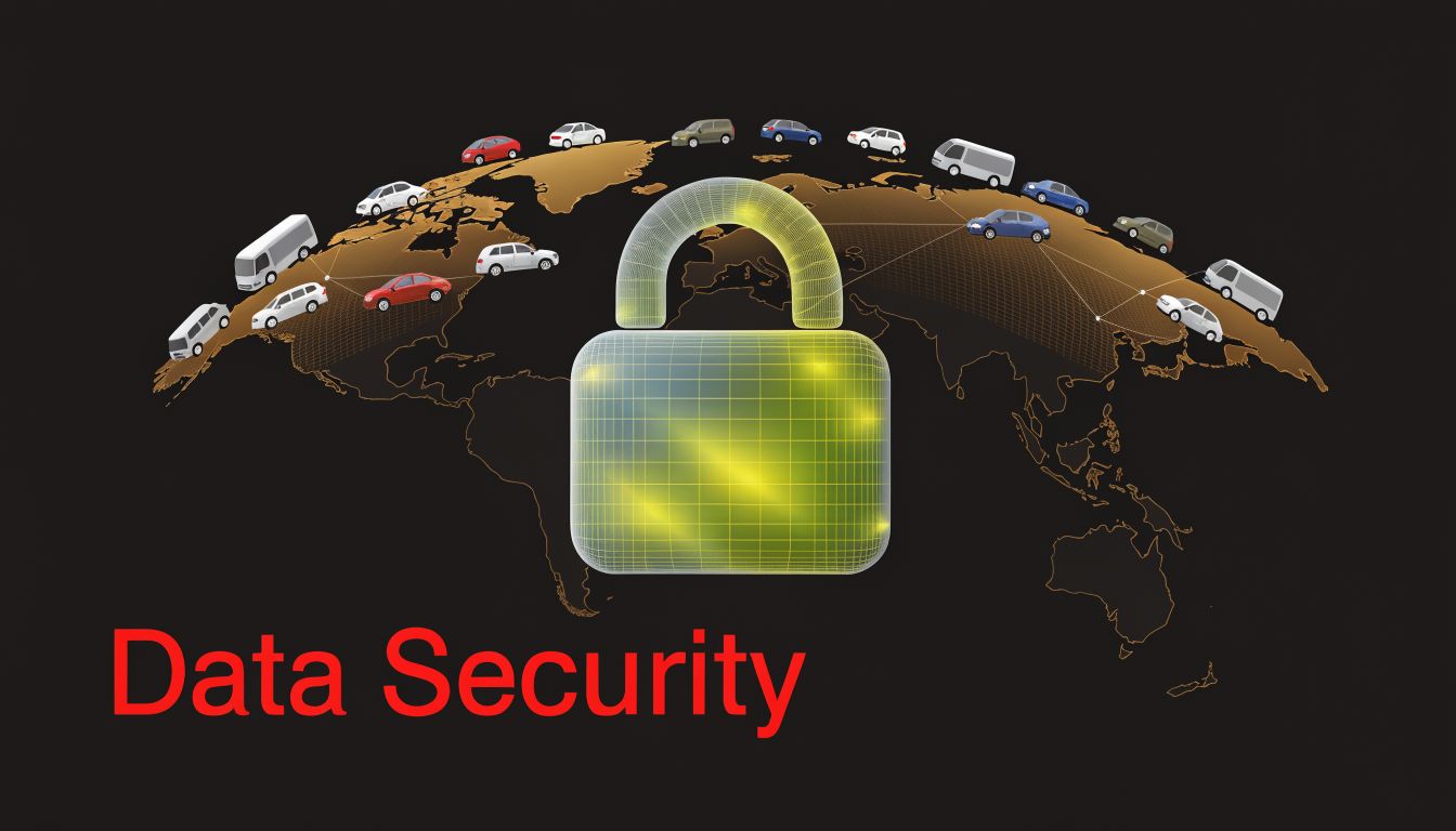A conceptual graphic illustrating digital data security for vehicle fleet management with a glowing padlock icon.