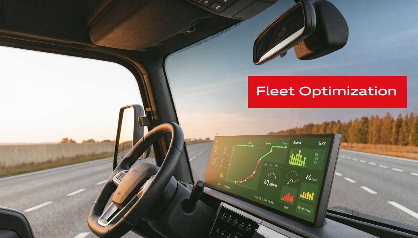 A modern truck dashboard interface displaying fleet optimization data while driving along an open highway road.