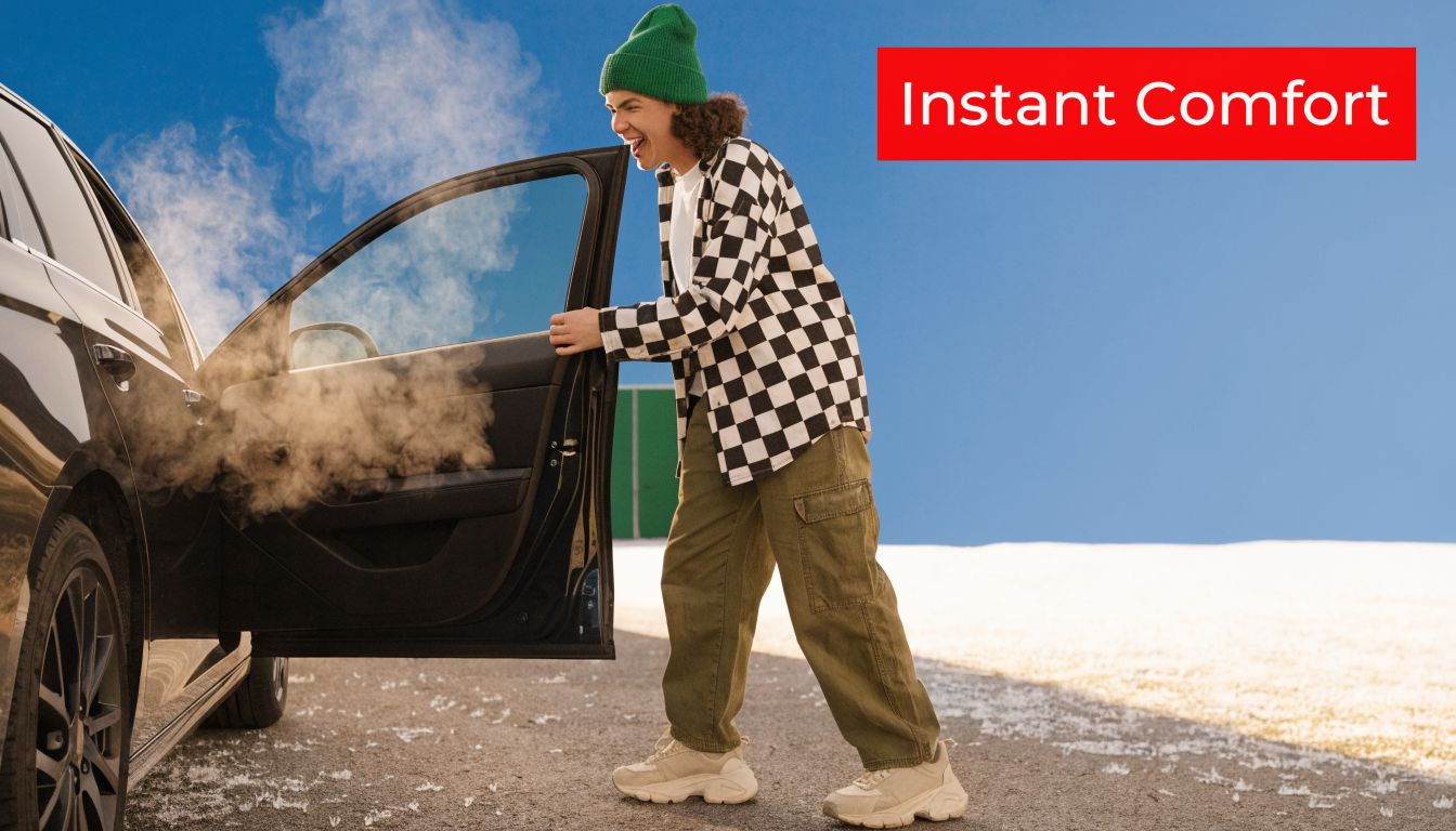 A person in a beanie and flannel jacket smiling at a steaming car, illustrating remote start technology.