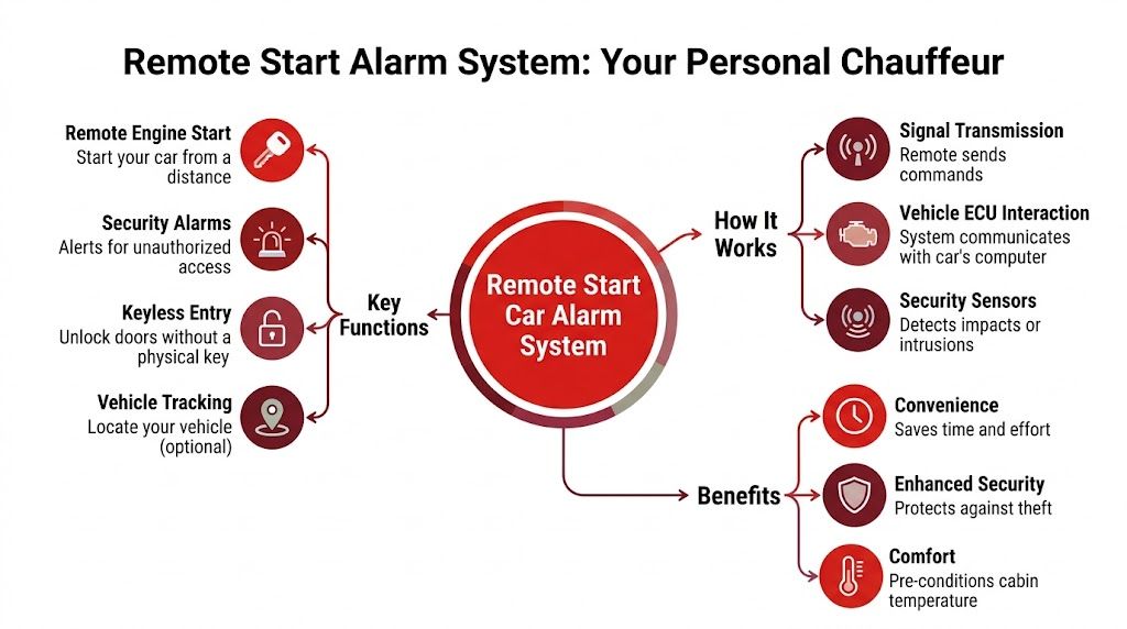 A diagram illustrating the key functions, working process, and benefits of a remote start car alarm system.