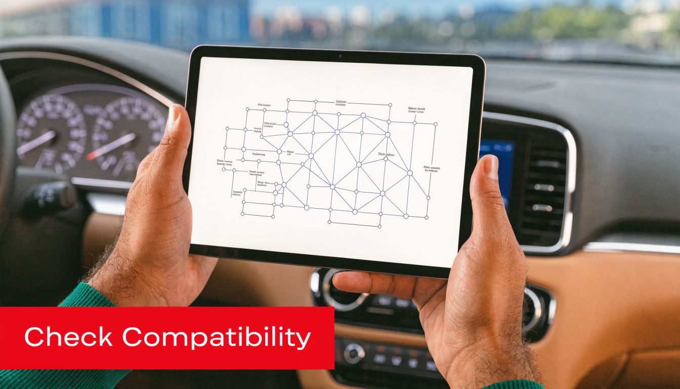 A person holding a tablet inside a car displaying a complex technical network diagram on screen.