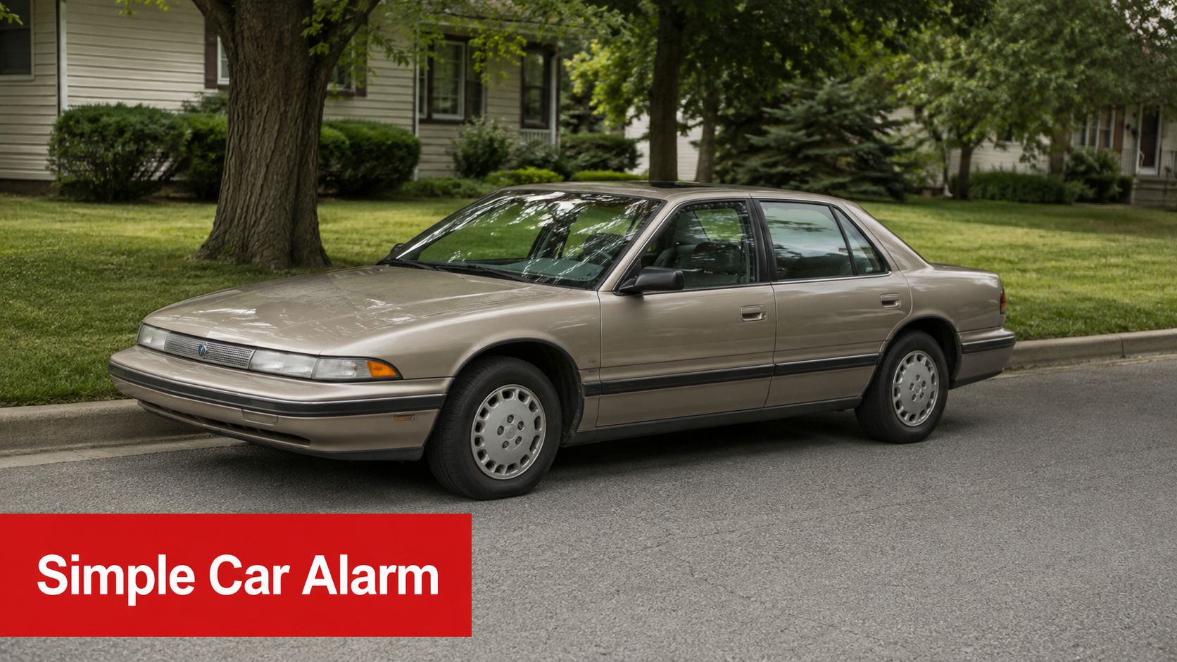 A tan Buick sedan parked on a quiet residential street with a red overlay indicating a simple car alarm.