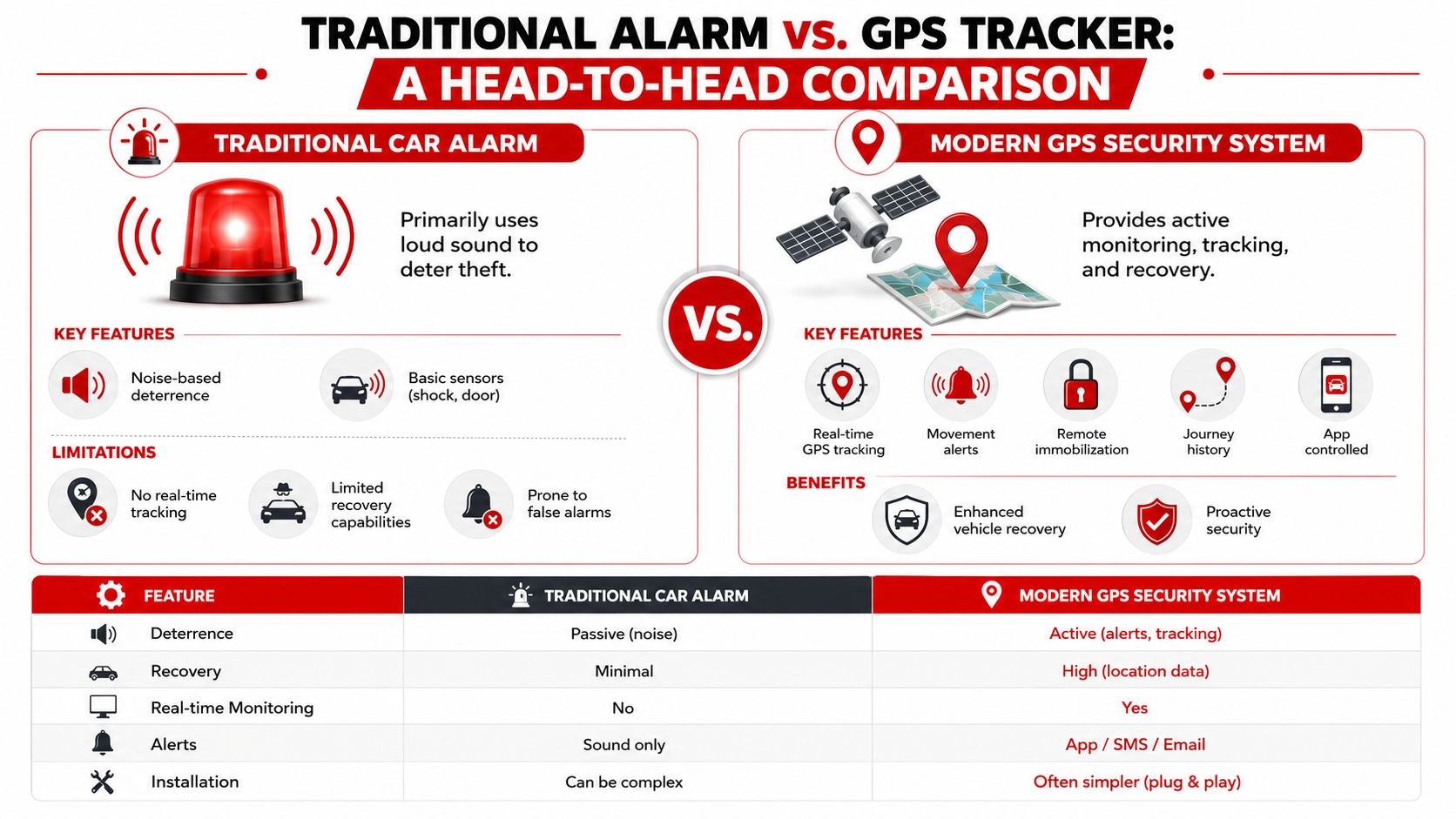 A comparison infographic between traditional car alarms and modern GPS security systems for vehicle protection.