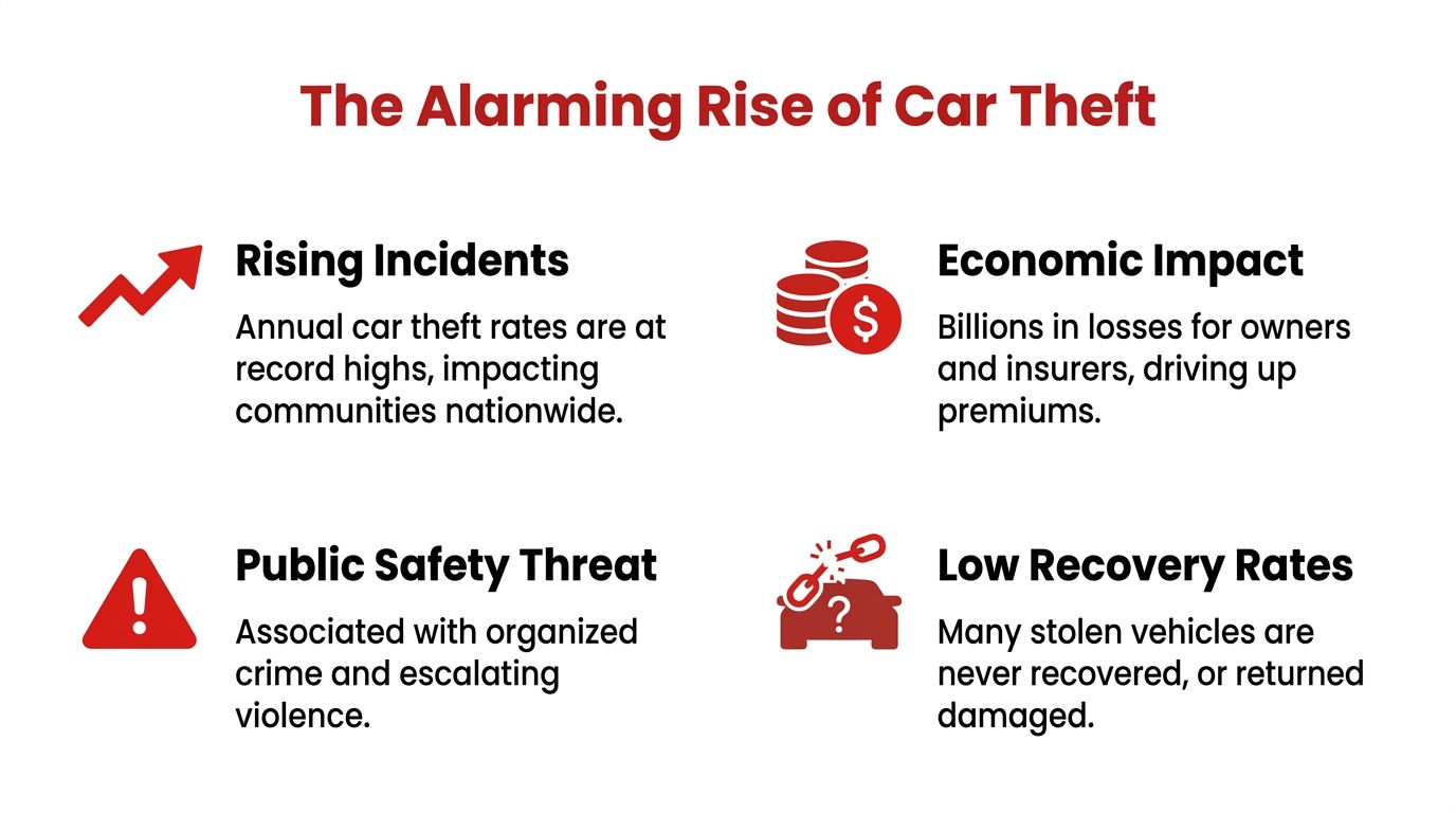 An infographic highlighting the alarming rise of car theft, its economic impact, and public safety consequences.