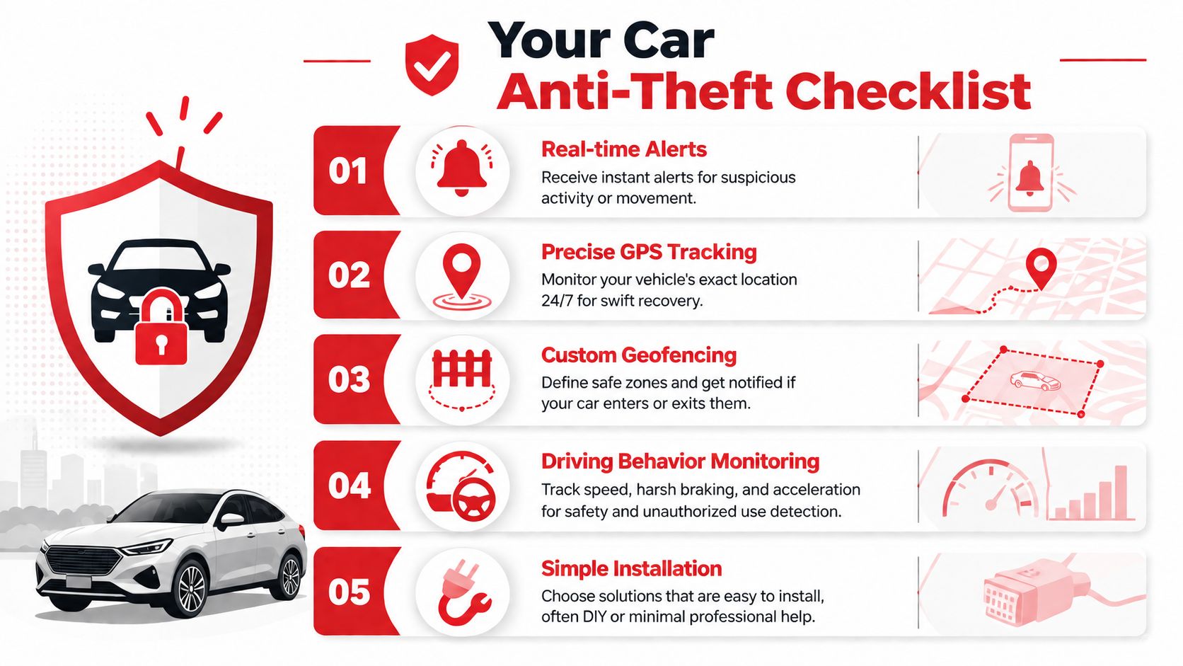 An infographic titled Your Car Anti-Theft Checklist detailing five security features for vehicle protection and monitoring.