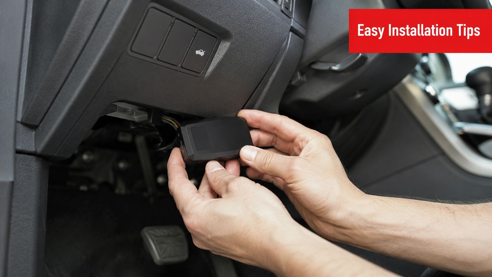 A person installing a black GPS tracker device under the dashboard of a vehicle.