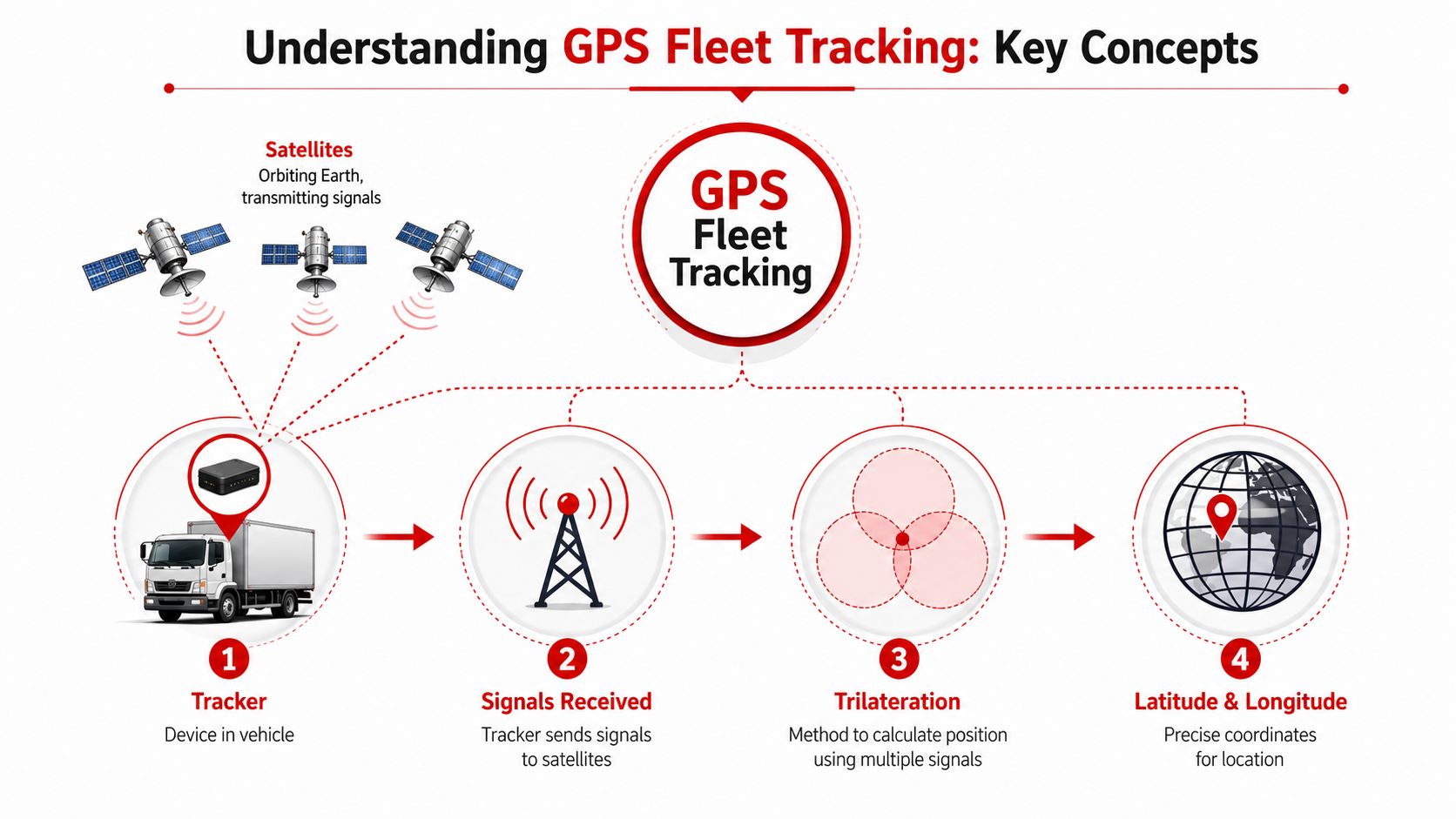 A flow chart illustrating how GPS fleet tracking works, from satellites to vehicle location coordinates.